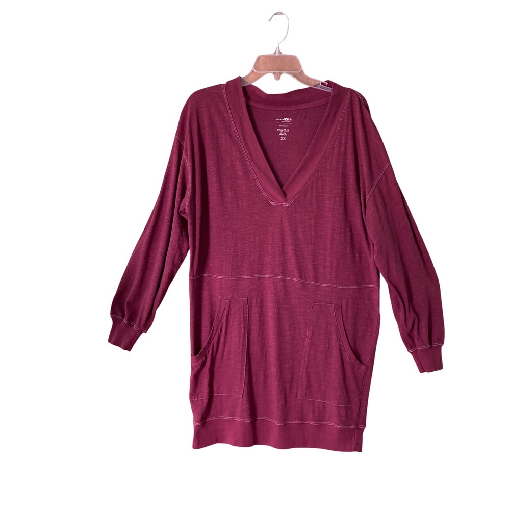 Natural Life Slub Cotton V-Neck Tunic Pocket Mini Dress Burgundy (Size XS)